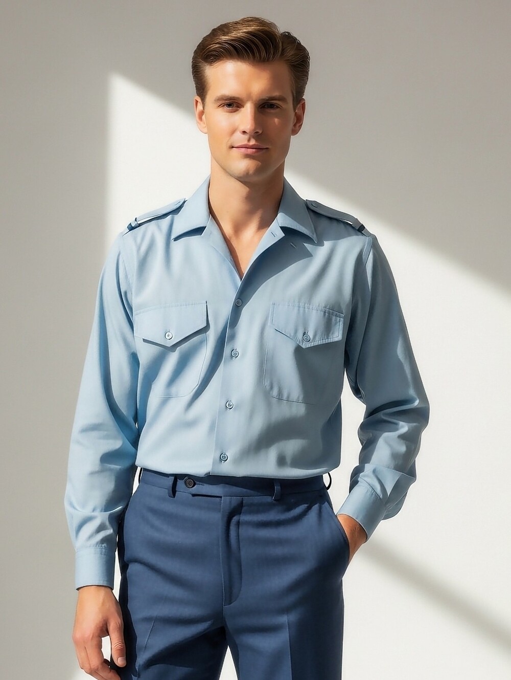 VTG Blue Epaulette Shirt. Men's 15", Med